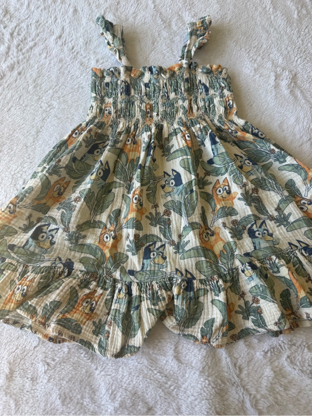 Bluey Floral Smocked Toddler Dress - Green, Cream & Orange